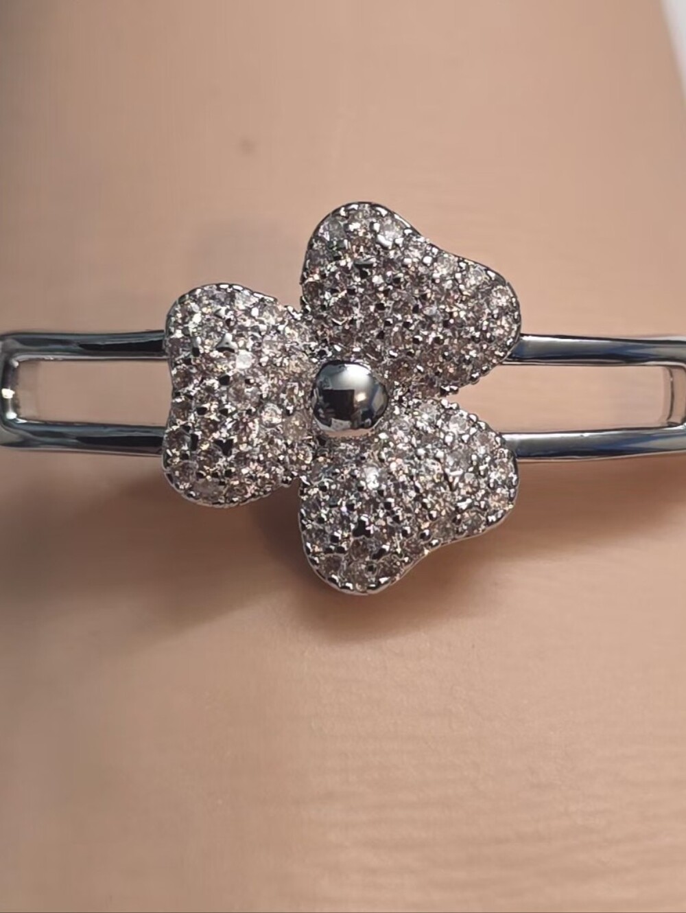 Silver Tone Pavé Flower Hinged Bangle Bracelet Sparkling Statement Jewelry